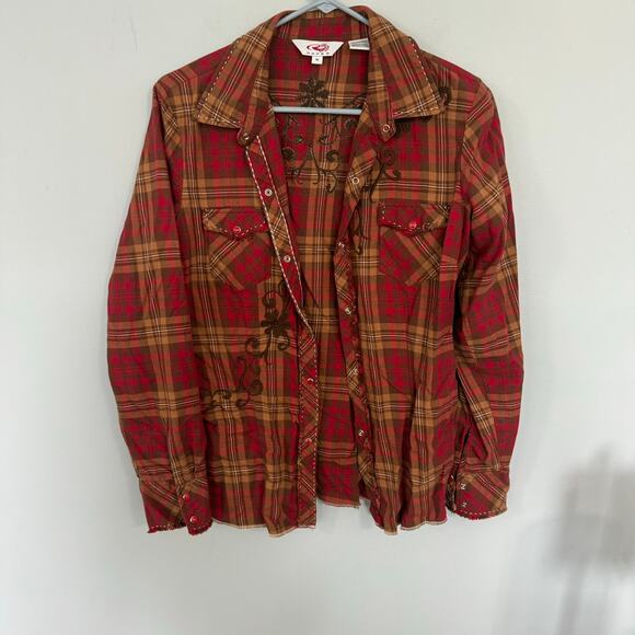 Roper Snap Button Down Shirt Size Medium w/ Embroidered Floral Design Plaid - Picture 1 of 7